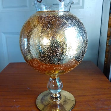 VINTAGE Ransgil Crystal Ruffle 22kt Gold Encrusted Vase, Home Decor 