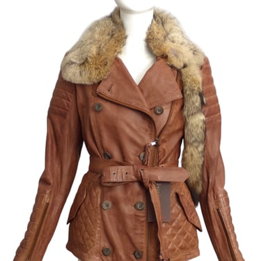 BENEDETTA NOVI- NWT Brown Leather & Fur Trimmed Coat, Size 10