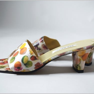 vtg 1990s Ann Marino holographic tropical fruit print slip on square kitten heels shoes | retro 90s | size 7 womens colorful summer sandals 