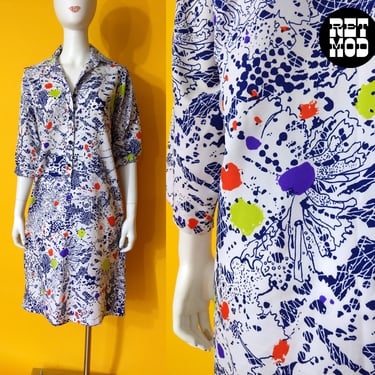 Interesting Vintage 60s 70s Blue White Abstract Pattern Shirt Dress by Shapely Classic 