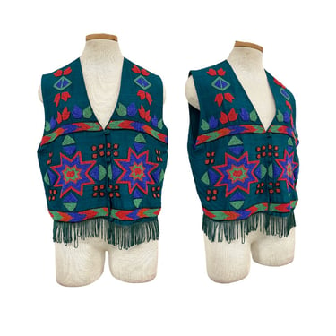 Vtg 80s 90s Silk Southwestern Beaded Accents Western Cowboy Cowgirl Vest 