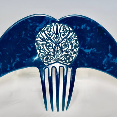 Auguste Bonaz Art Deco Galalith Hair Comb Blue Marbled Wings 