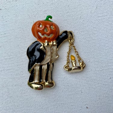 Vintage JOL Man Halloween Brooch, Fall, Holding Hanging Candle, Jack O Lantern Man, Jewelry, Pin 