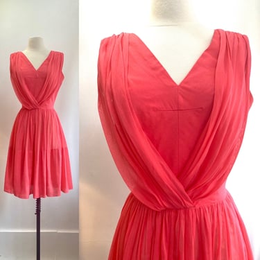 Vintage 50s Day Dress / Summery Watermelon Colored Lightweight Cotton Gauze / Sleeveless Draped Bodice + Full Skirt  / Gay Gibson 