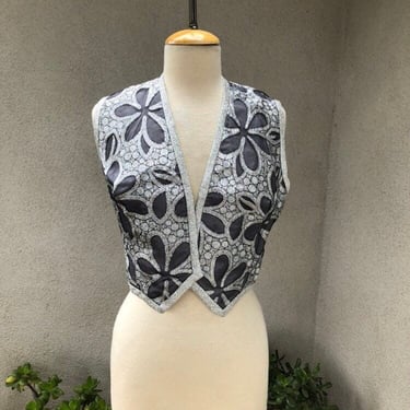 Vintage Glam Mod short bolero vest Metallic silver grey floral print lined by Lilli Russell Lakewood Denver Sz M 