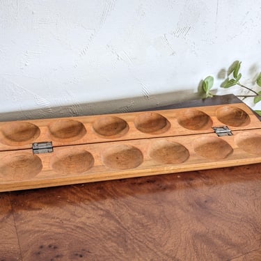 Vintage Hand Carved Wooden Folding Mancala Board with Elephant Design 