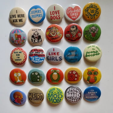 Vintage Style Pinback Buttons -  60s 70s 80s Misc. Novelty Pins - You Choose - Reproduction Retro Pin Button - 1.25
