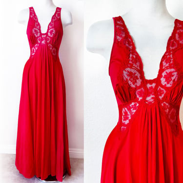 Vintage Red Olga Style #9297 BODYSILK Nightgown Long Dress Gown Lingerie SMALL 1970s, 1980's Nighty Night Gown Full Sweep Skirt 