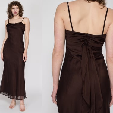 Small 90s Dark Brown Cowl Neck Formal Gown | Vintage Spaghetti Strap Chiffon Draped Back Bias Cut Evening Maxi Dress 