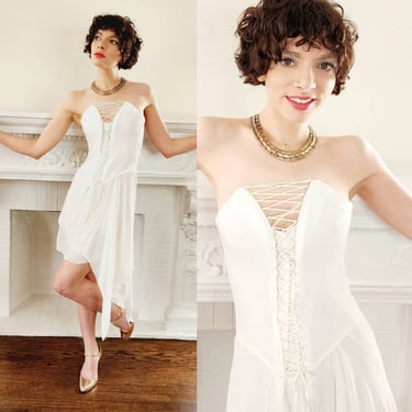 White Corset Lace Dress Asymmetrical Hem - Strapless Party Dress 