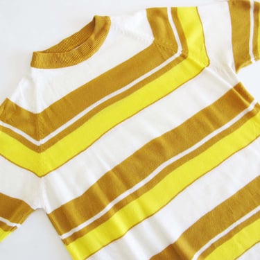 60s Mustard Yellow Striped Mock Neck Shirt Large - Vintage 1960s Mockneck Knit Shirt - Surf Mod Clothing 