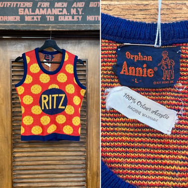 Vintage 1970’s Ritz Crackers Mod Glam Intarsia Print Sweater Vest, 70’s Vintage Clothing 