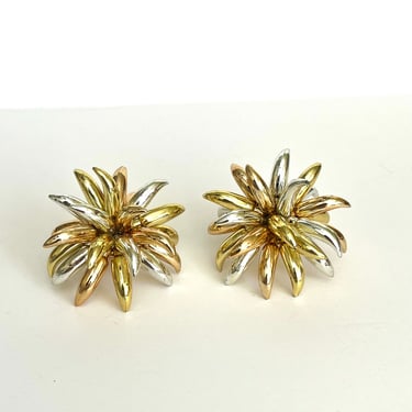 Vintage Starburst Earrings, Golden Flower Earrings, Clip-On Earrings, Gold and Silver Earrings, 80s Cip Earrings, New Year Eve Earrings 