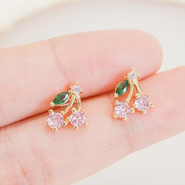 E108 pink cherry earrings, cherry stud earrings, cherry studs, fruit earrings, gift for her, stud earrings, cherry jewelry, cute earrings 