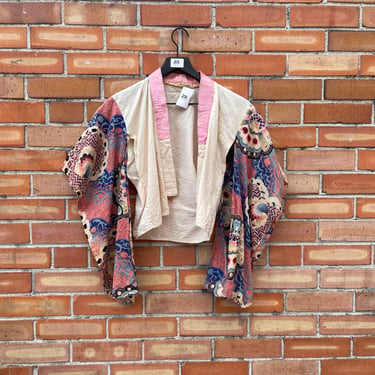 vintage off white cream beige pink patchwork short linen kimono / xs extra small 