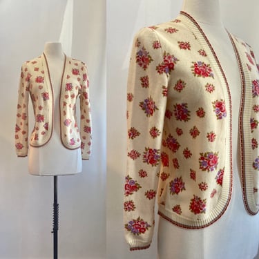 Vintage Cardigan Sweater / FLORAL Lambswool / Francesca for Damon / Made in Italy 