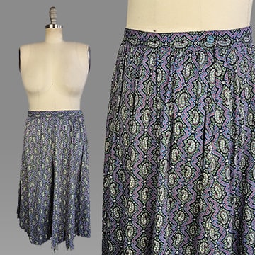1940s Paisley Skirt / 40s Blue Cotton Paisley Skirt / Size X-Large Extra Large 