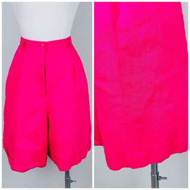 1990s Vintage Hot Pink Irish Linen Shorts / 90s / Nineties High Waisted Cuffed Shorts / Size Medium 28" Waist 