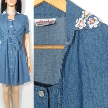 Vintage 90s Denim Mini Button Front Dress With Rose Applique Collar Made In USA Size S/M 