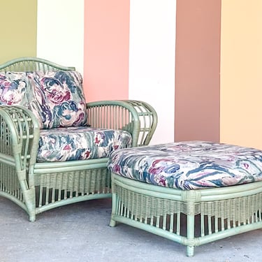 Seafoam Green Ficks Reed Rattan Lounge Chair and Ottoman