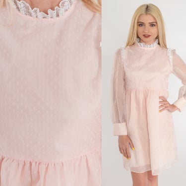 Pink Babydoll Dress 70s Mini Dress Long Sheer Puff Sleeve Lace Trim Ruffled High Neck Empire Waist Party Prom 1970s Vintage Extra Small xs 