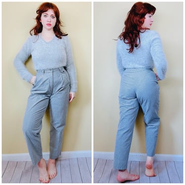 1990s Vintage Lee Casuals Blue and Grey Check Trousers / 90s High Waisted Cotton Plaid Pants / Size Medium 28