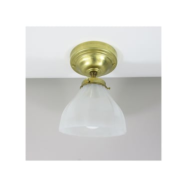 Ceiling Light with Art Deco Glass Clambroth Ribbed Shade, Custom Semi Flush Mount Raw Brass Fixture 