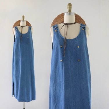 denim overall maxi dress - m - vintage womens size medium blue jean long 90s y2k minimal sleeveless summer fall sun dress 