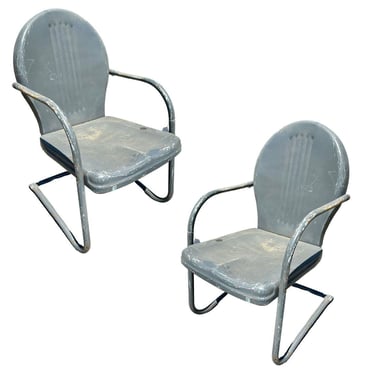 Mid-century Steel Round Streamline Springer Patio Outdoor Lounge Chair, Pair 
