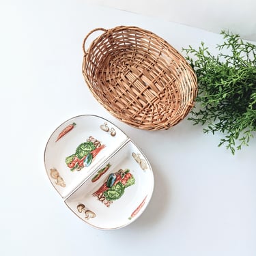 Vintage Napco Divided Relish Serving Dish Appetizer Tray with Basket Carrier/ Japan/ 1970s/ Mushroom Vegetable / Country Cottage Granny Core 