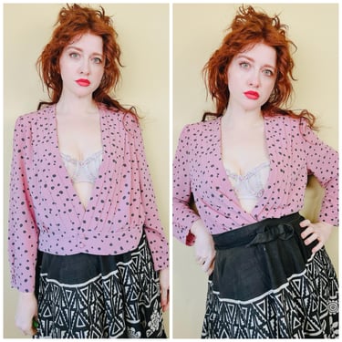 1980s Vintage Mauve Pink Polkadot Blouse / 80s Pin Tuck Pleated Rayon Top / XL 