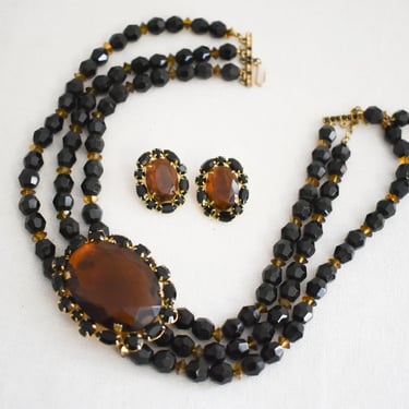 1950s/60s Hattie Carnegie Brown Rhinestone Necklace and Clip Earrings Set 