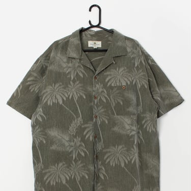 Vintage forest green Hawaiian shirt with grey palm tree print - XL / 2XL 