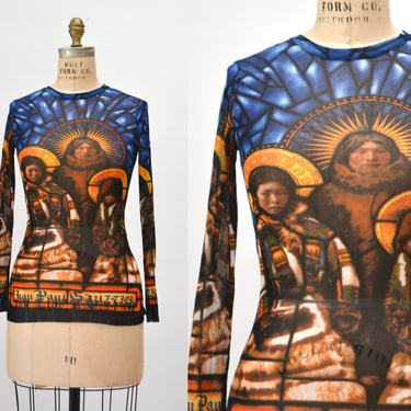 90s Jean Paul Gaultier Mesh Shirt long sleeve Sheer Stained Glass Mesh Native American Top Mesh Sheer Shirt Fashion top Jean Paul Gaultier 