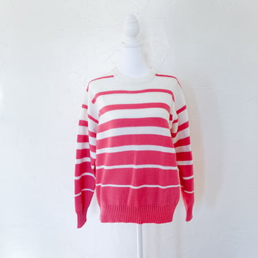 90s White and Pink Striped Pullover Crewneck Sweater | Large/Extra Large 