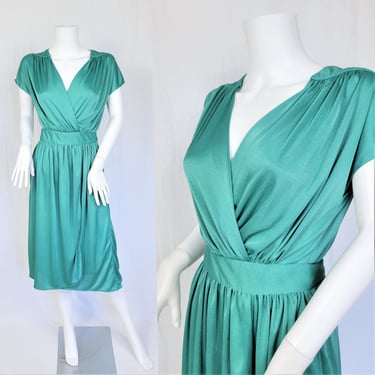 Carol Anderson 1970's Mint Green Grecian Style Poly Wrap Dress I Sz Med 