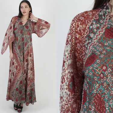 Adini Sultana Metallic India Dress, Vintage 70s Gauze Metallic Caftan, Sheer Angel Sleeve Long Dress - One Size 