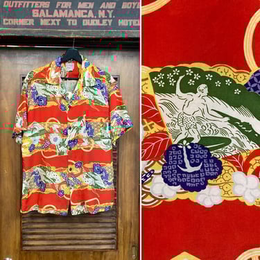 Vintage 1950’s “Nani” Hula Girl x Surfer Border Silk Hawaiian Shirt, Original, 1950’s Shirt, 50’s Vintage Clothing 