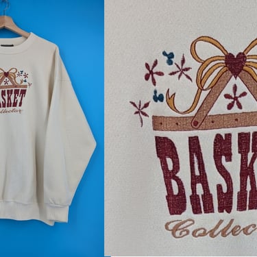 Vintage 90s Basket Collector Embroidered XXL Cream Colored Oversized Sweatshirt 