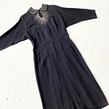 1940s Beaded Starburst Black Rayon Crepe Dress 
