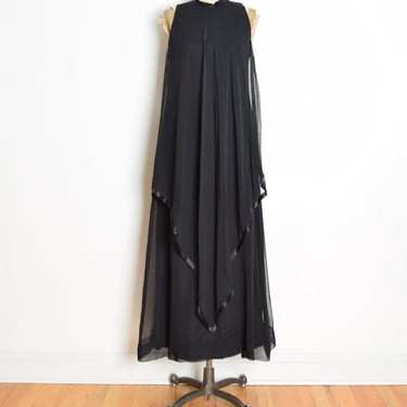 vintage 70s dress black tiered chiffon disco goddess hippie maxi long gown S clothing 