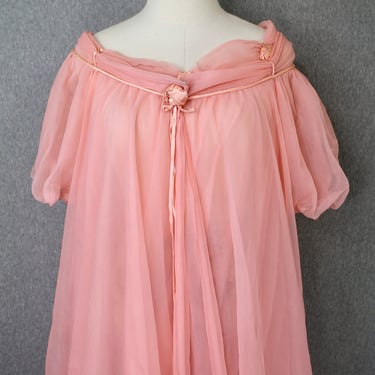 1960s Vintage RoVel California | Sheer Chiffon Peignoir Nightgown Set | Robe and Babydoll Dress | Salmon Pink Nighty, Nightgown, Lingerie 