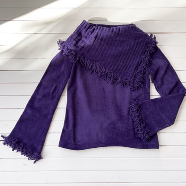 purple chenille sweater 90s y2k vintage bell sleeve shawl collar fringed sweater 