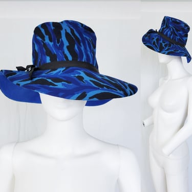 1970's Royal Blue Leopard Print Fabric Wide Brim Fedora Hat I Sz 20.5