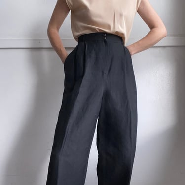 high rise structured black linen blend trousers 