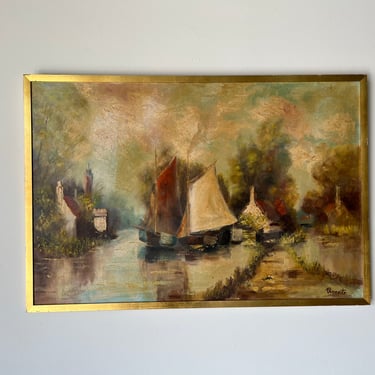 1950's Vincento Country River Impressionist Landscape Oil on Canvas Painting, Framed 