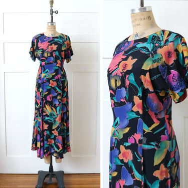 vintage 1990s rayon abstract print dress • colorful draped fit beaded bodice dress 