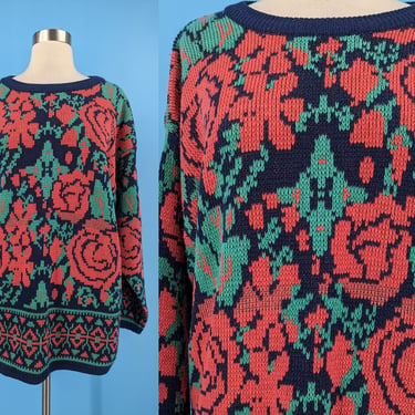 Vintage 90s Rose Pullover Sweater - Nineties Floral Knit Sweater 