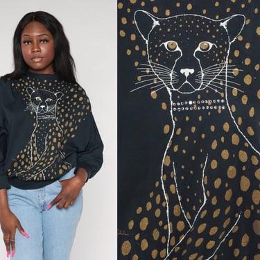 Metallic Leopard Blouse 80s Alfred Shaheen Shirt Black Gold Rhinestone Animal Print Shirt Sparkly Dolman Sleeve Miss K Vintage 1980s Large L 