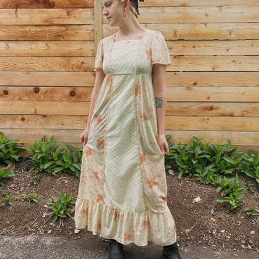 70's Ivory Basket Print Prairie Dress